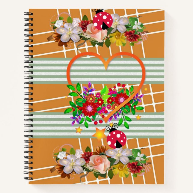 Carnet spiral Ladybug Orange Heart Floral (Devant)