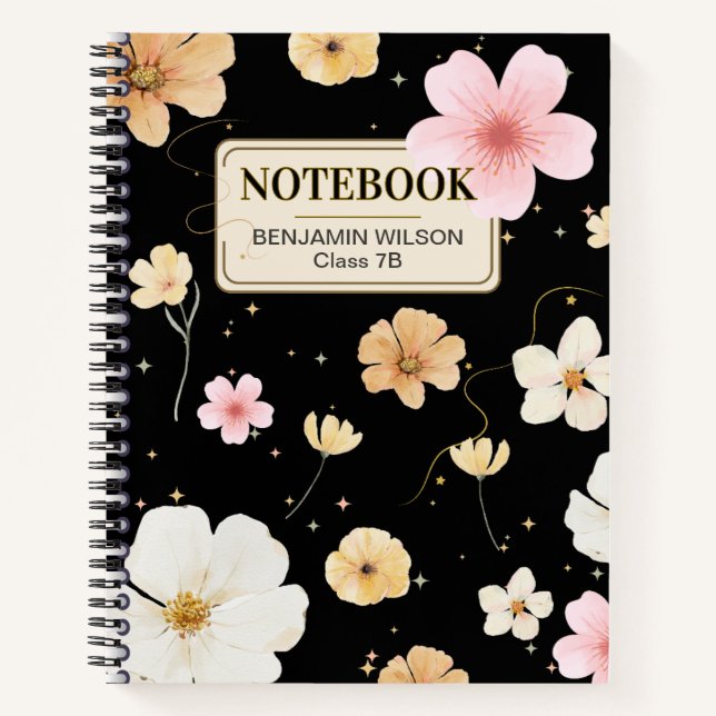 Carnet spiral noir et beige Floral (Devant)