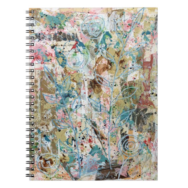 Carnet Spiral notebook with mixed media floral artwork. (Devant)