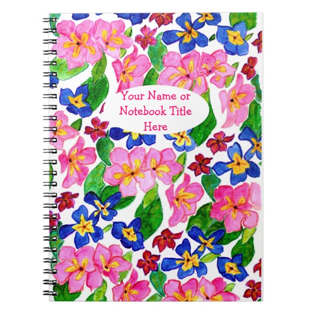 Carnet spiral, Personnalisable rose et bleu floral (Devant)