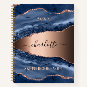 Carnet Squelette bleu agate marbre rose or nom