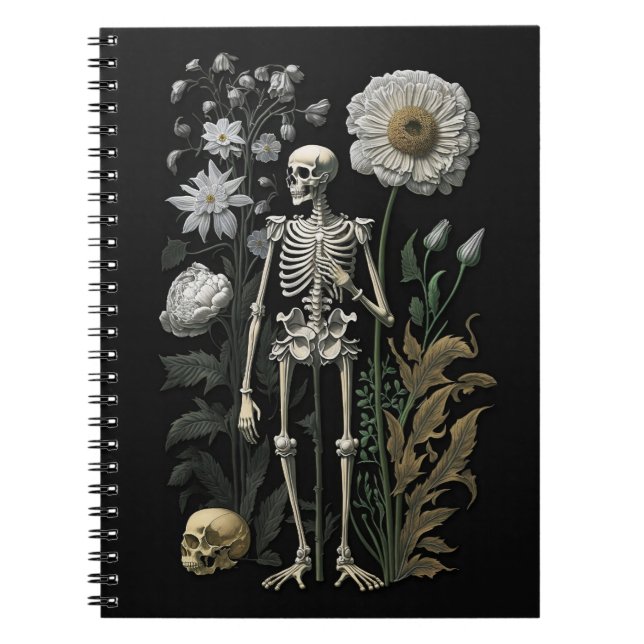 Carnet squelette floral magique boho vintage en noir (Devant)