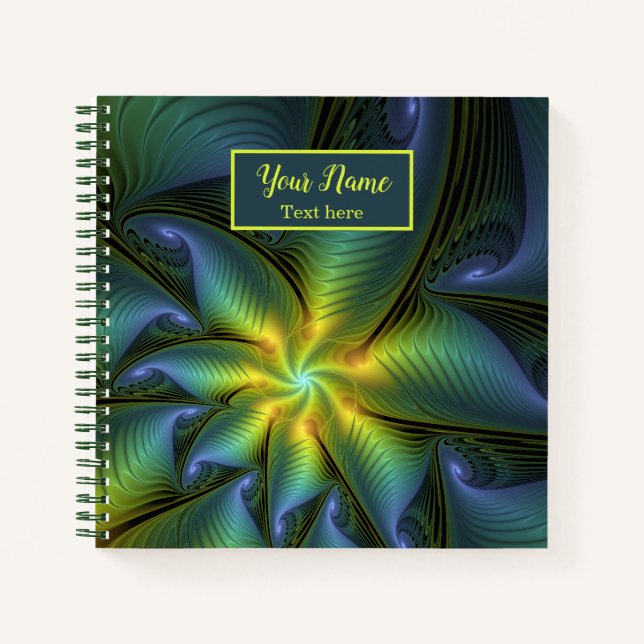 Carnet Star Abstrait bleu brillant Vert or Fractal Nom (Devant)