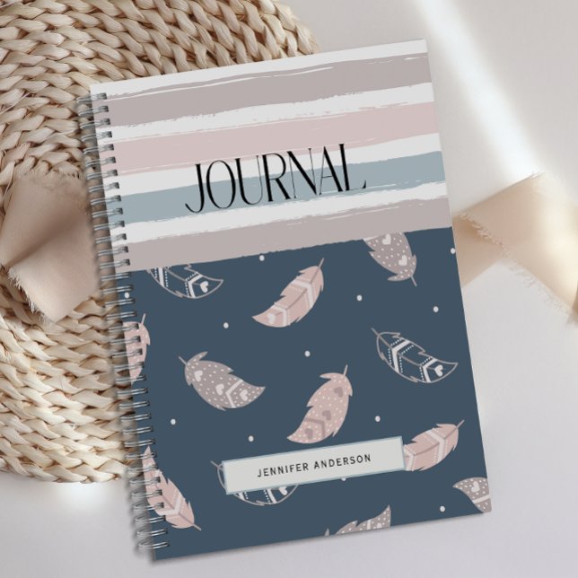 Carnet Stripes de plume Boho personnalisées Pastel Journa (Créateur téléchargé)