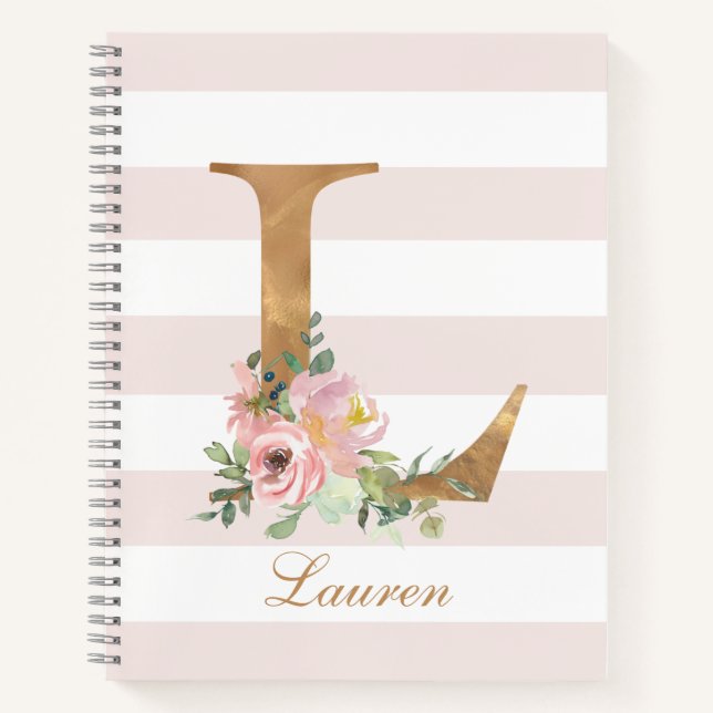Carnet Stripes rose féminine Or Floral Personnalisé (Devant)