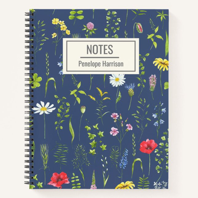 Carnet Style Boho Fleurs sauvages Floral Bleu Personnalis (Devant)