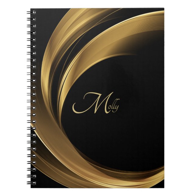 Carnet Style moderne Noir & Or Monogramme Nom du script (Devant)