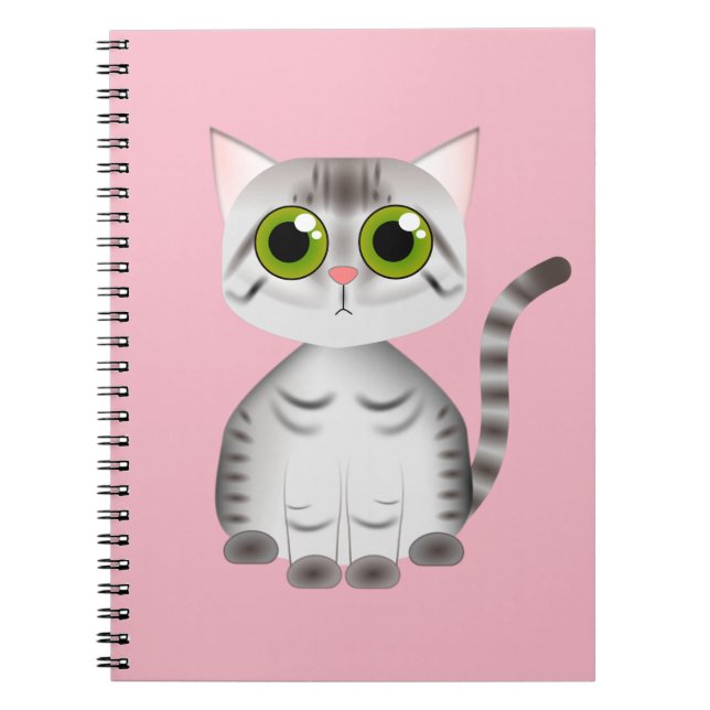 Carnet style rayé gris mignon de bande dessinée de chat (Devant)