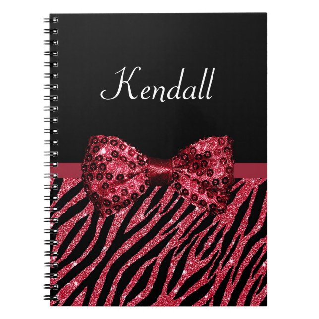 Carnet Style Red Zebra Print FAUX Glitz Bow avec nom (Devant)