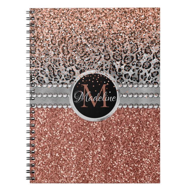 Carnet Stylish Girly Rose Gold Glitter Leopard Monogram (Devant)
