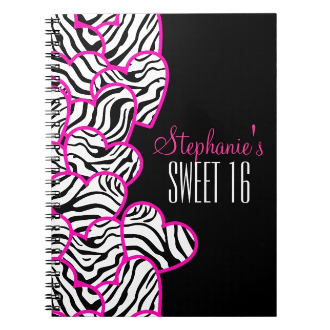 Carnet Stylish Pink Sweet 16 Zebra Heart Design Nom (Devant)