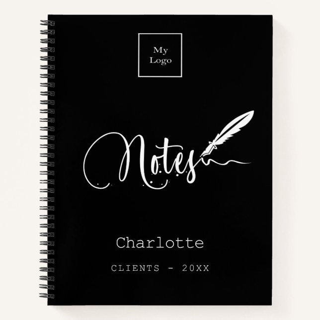 Carnet Stylo script noir blanc logo entreprise élégant (Devant)