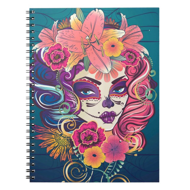Carnet Sugar crâne femme en portrait de couronne de fleur (Devant)