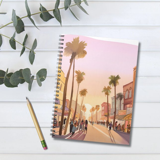 Carnet Sunset Coastal Town | Aquarelle côtière des palmie (Créateur téléchargé)