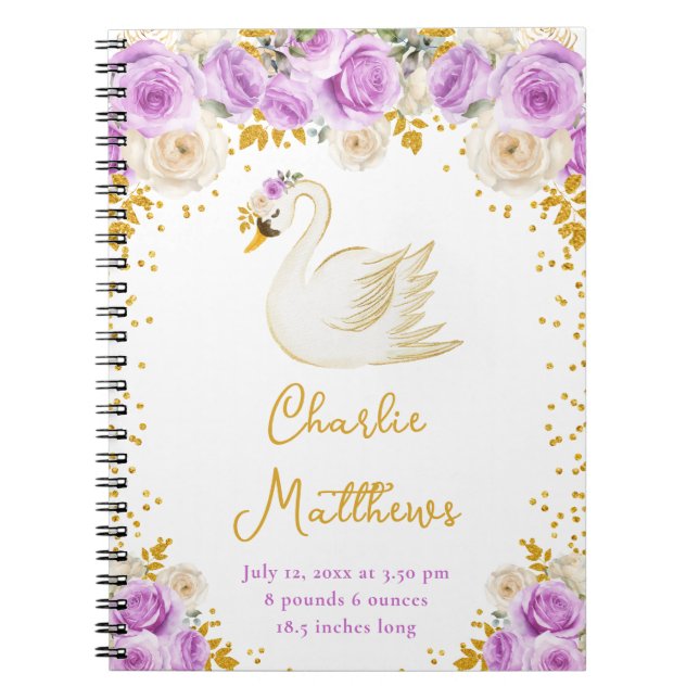 Carnet Swan Purple et Gold Roses statistiques de naissanc (Devant)