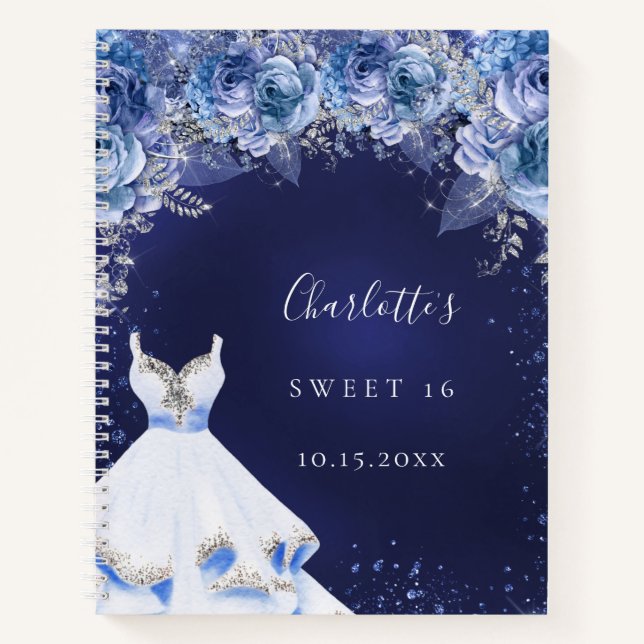 Carnet Sweet 16 parties scintillant bleue robe florale li (Devant)