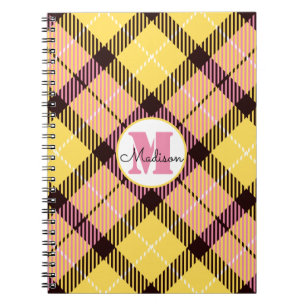 Carnet Tartan rose jaune chic Monogramme Nom du script