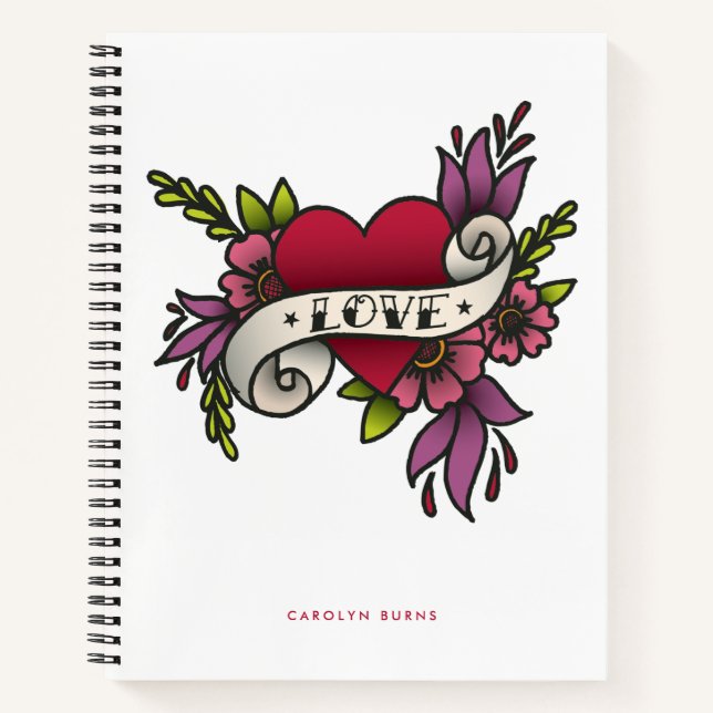 Carnet Tatouage Vintage d'amour rouge et rose (Devant)