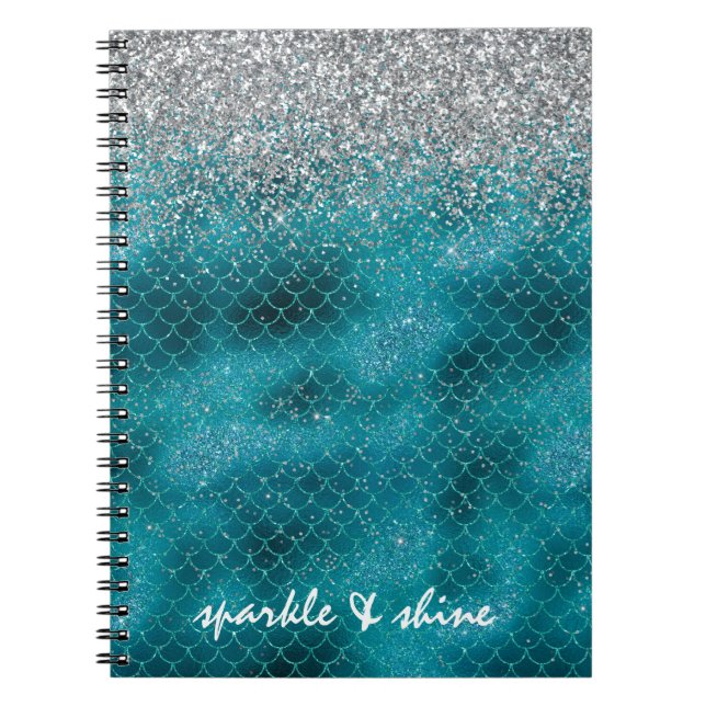 Carnet Teal Silver Sparkle Mermaid personalized (Devant)