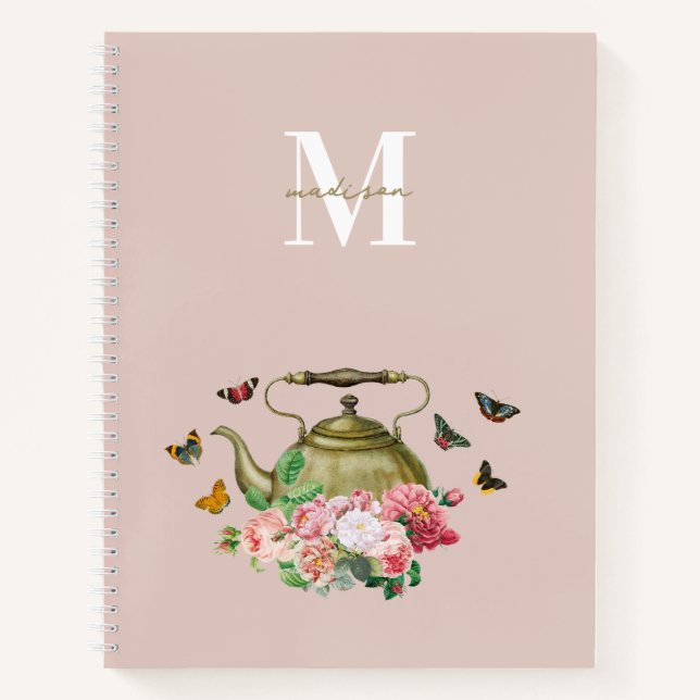 Carnet Teapot Party rose Floral & Papillons Monogramme (Devant)