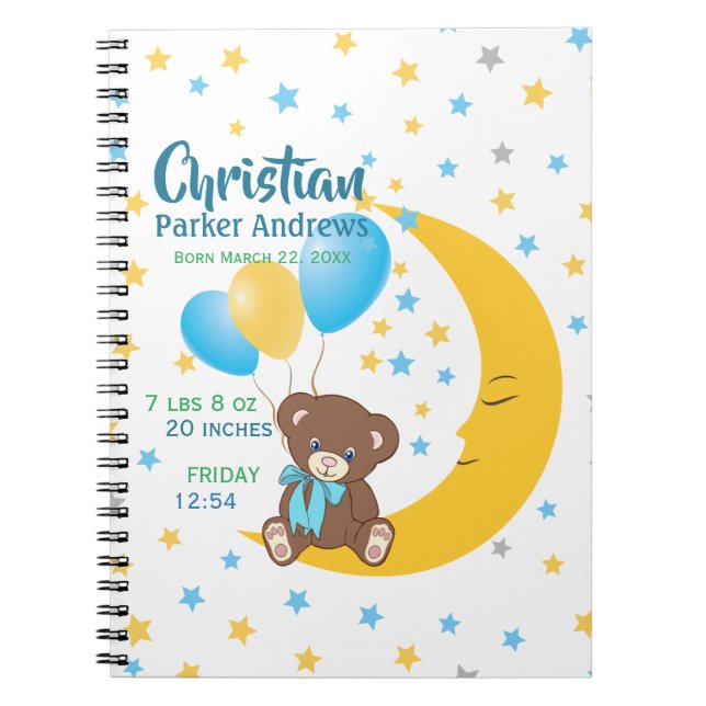 Carnet Teddy Bear assis sur la Lune Baby Birth Statistiqu (Devant)