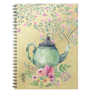 Carnet Théière d'aquarelle et or élégants de fleurs