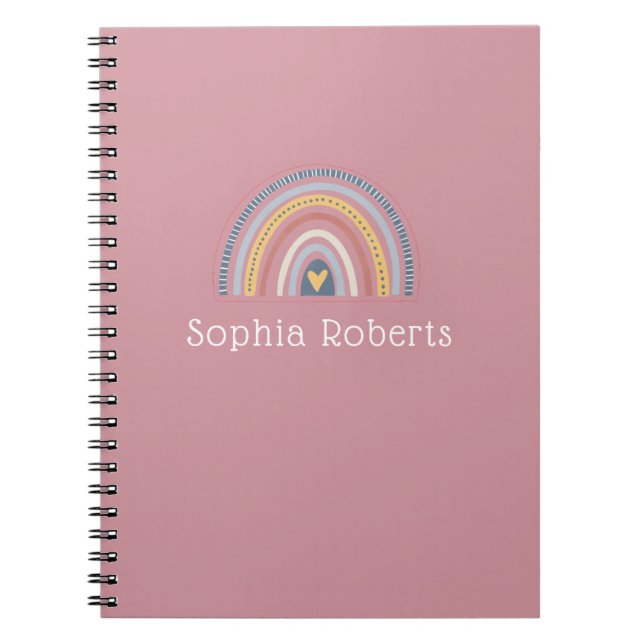 Carnet Thème arc-en-ciel Boho Dusty rose Nom d'enfant (Devant)