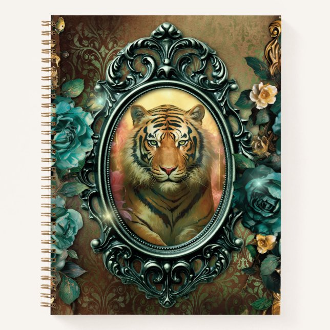 Carnet Tigre mystique en cadre orange avec Roses verts (Devant)