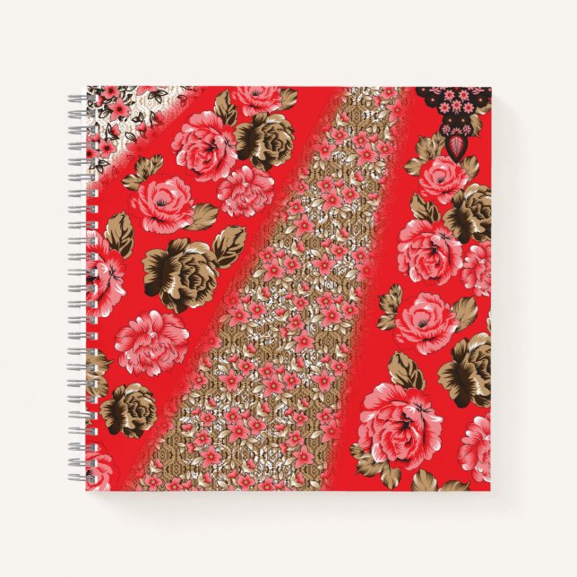 Carnet Tissu rouge éclatant avec floral complexe et (Devant)