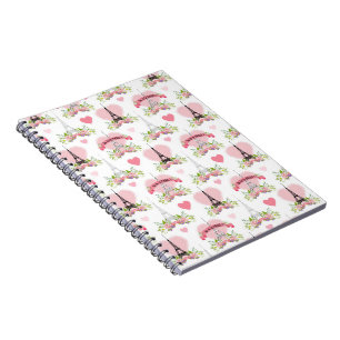 Carnet Tour Eiffel Fleurs Coeurs roses Paris Français