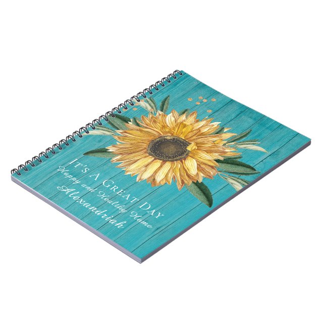 Carnet Tournesol doré rustique Turquoise Bleu Grange Bois (Côté gauche)