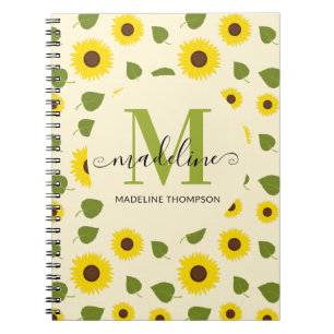 Carnet Tournesol rustique jaune feuille verte Monogramme