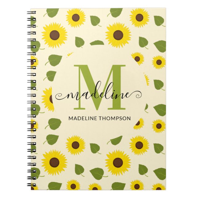 Carnet Tournesol rustique jaune feuille verte Monogramme (Devant)