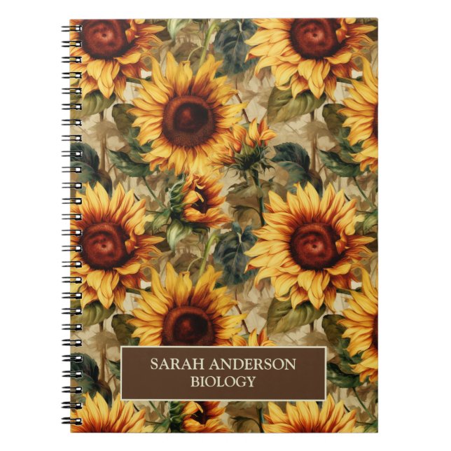 Carnet Tournesols Aquarelle Nature Nom Sujet Personnalisé (Devant)