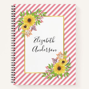 Carnet Tournesols aquarelle, rayures roses et blanches
