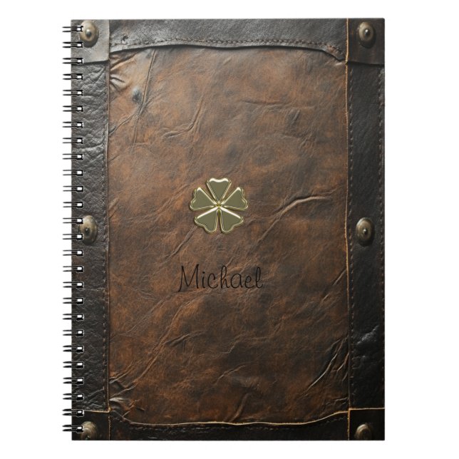 Carnet Trèfle doré Saint-Patrick, Cuir marron (Devant)