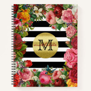 Carnet Trendy Monogram Stripes Rose Fleurs Parties scinti