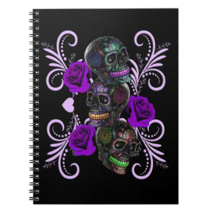 Carnet Triple Black Day Of The Dead Skulls Purple Roses
