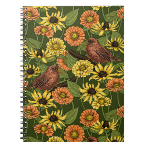 Carnet Troglodytes et fleurs sur fond vert