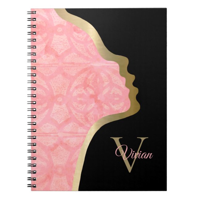 Carnet Tulip Rose Noir Et Or Face Monogramme Nom Noteb (Devant)