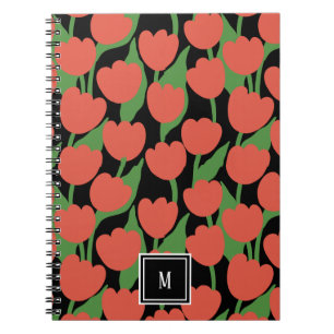 Carnet Tulipes rouges rétro, monogramme personnalisé