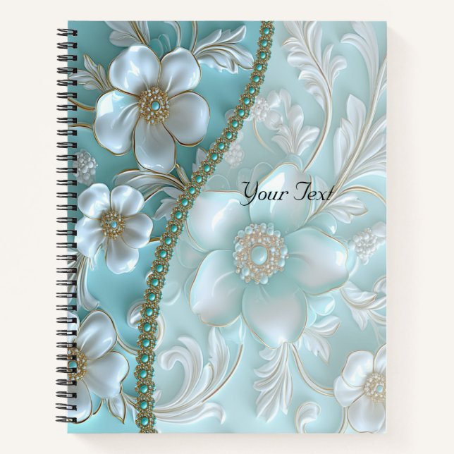Carnet turquoise blanc floral (Devant)