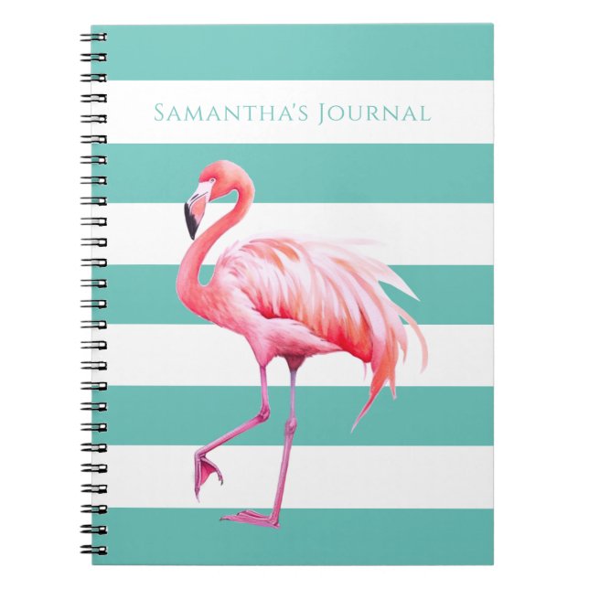 Carnet Turquoise blanc rayures Flamant rose rose Nom pers (Devant)