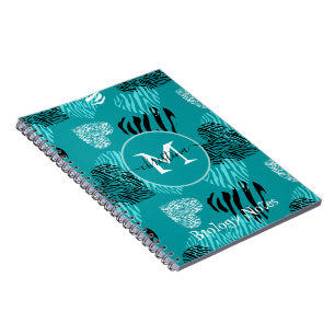Carnet Turquoise Blanc Zèbre Imprimer Coeurs Monogramme