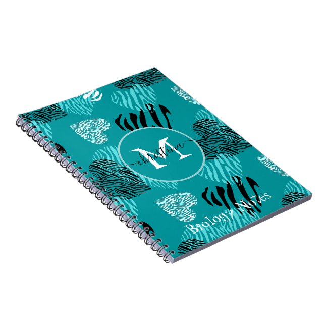 Carnet Turquoise Blanc Zèbre Imprimer Coeurs Monogramme (Côté Droit)
