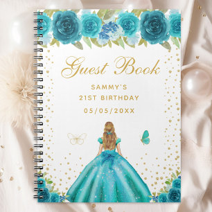Carnet Turquoise Floral Blonde Hair Princess Guest Book