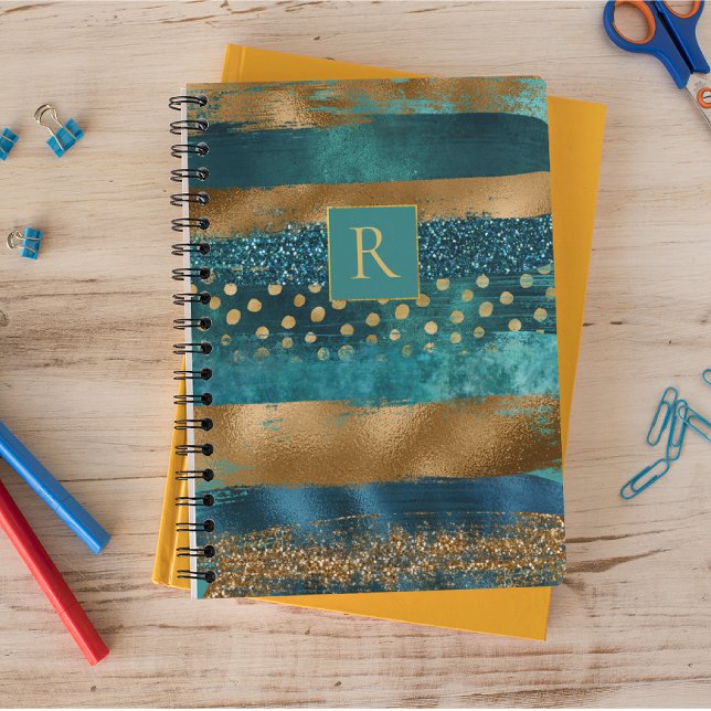 Carnet Turquoise moderne, pinceaux dorés et monogramme (Créateur téléchargé)