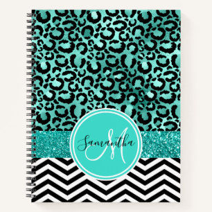Carnet Turquoise sarcelle faux paillettes imprimé léopard