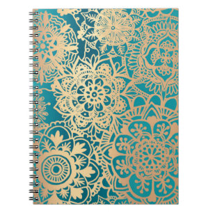 Carnet Turquoise vert et or Floral Mandala Motif