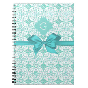 Carnet Turquoise Wht Damask #2 Turquoise Label Bow